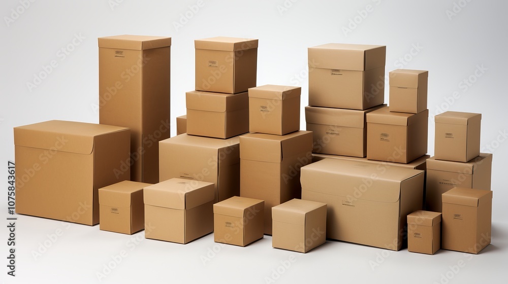 Poster a creative arrangement of assorted cardboard boxes in a minimalist setting. generative ai