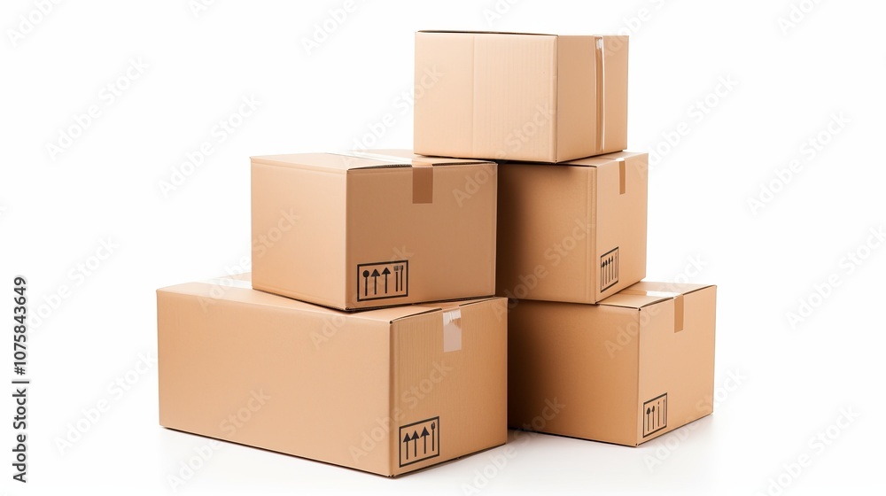Poster stacked cardboard boxes ready for shipping in a bright workspace. generative ai
