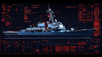 A modern warship with futuristic digital overlays on a black background.