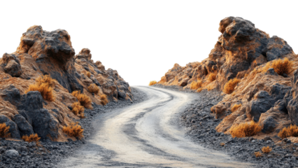 winding road surrounded by rugged rocks and dry vegetation creates striking landscape. warm tones of rocks contrast beautifully with smooth surface of road, inviting exploration