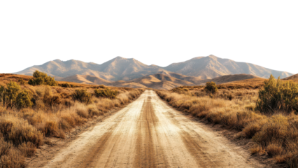 serene dirt road stretches through golden grasslands, leading towards distant mountains under clear sky. landscape evokes sense of adventure and tranquility