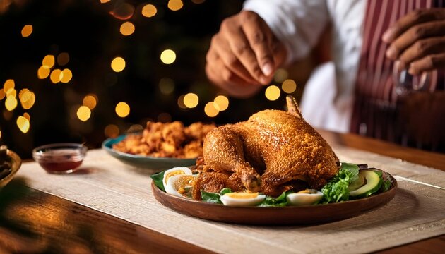 Faceless man eat Ayam Percik in restaurant with bokeh background. Malaysian Food.