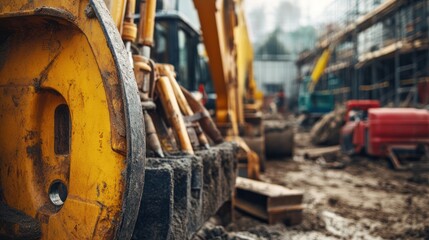 Fototapeta premium Close-up of a Yellow Excavator on a Construction Site