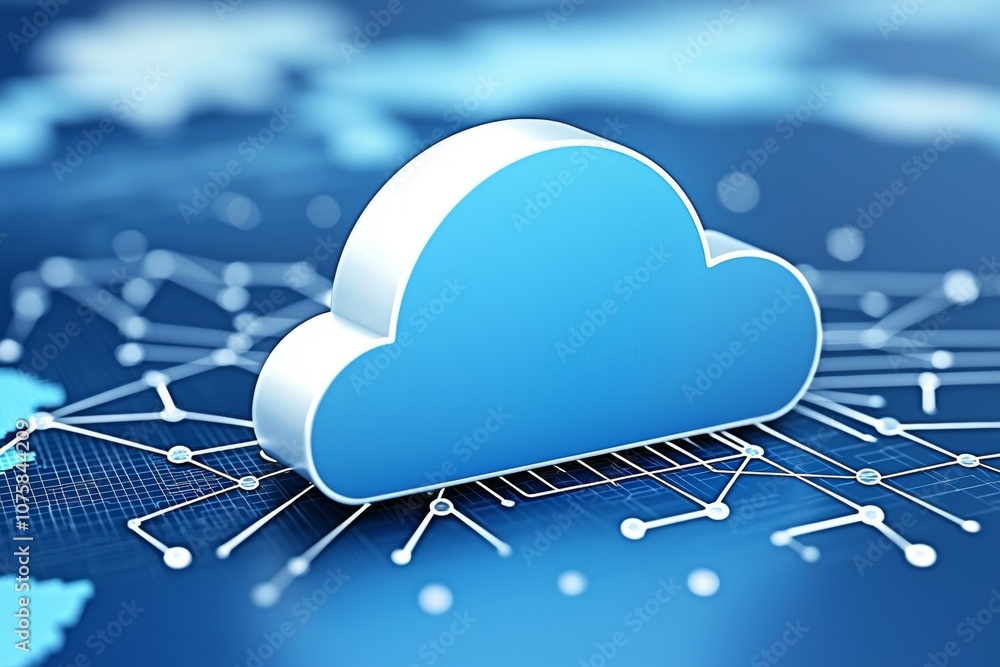 Poster a cloud is on a blue background with a lot of lines and dots