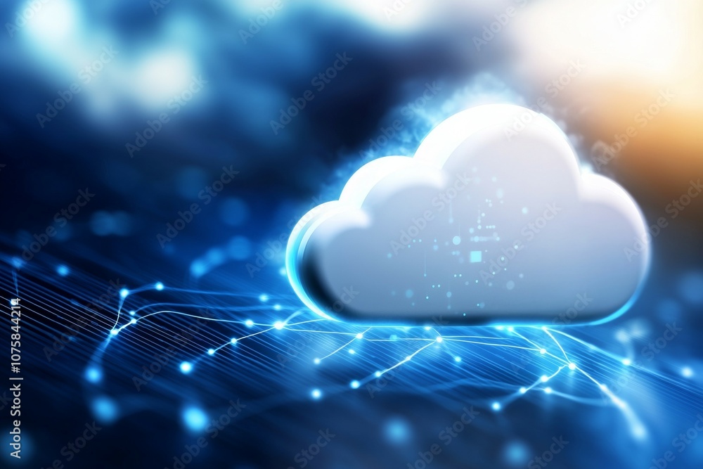 Poster a cloud is floating on a blue background with a lot of lines and dots