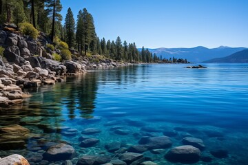 Calm lake waters reflect tall pines and mountains under a bright blue sky. Generative AI