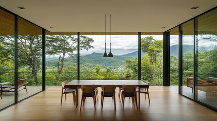 A modern two-story house nestled in the forest, constructed using contemporary materials such as glass, steel, and concrete. The sleek design and large windows offer panoramic views of the surrounding