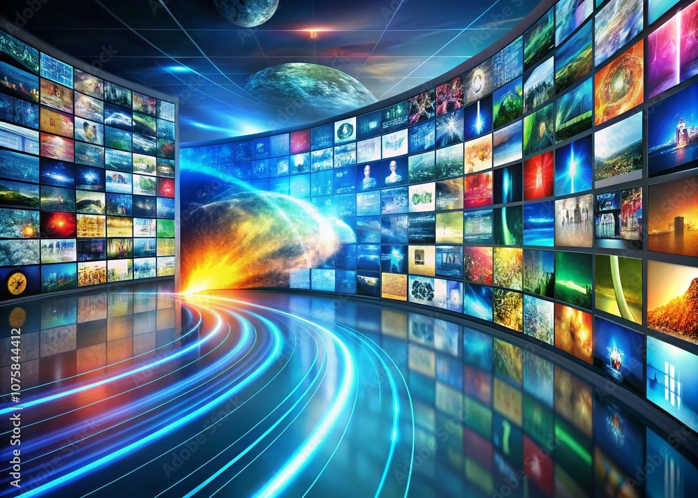 Poster Abstract Background of Media and Internet Concepts with Curved Flow Displaying Multiple Images on a Wall, Representing Connectivity and Modern Digital Communication