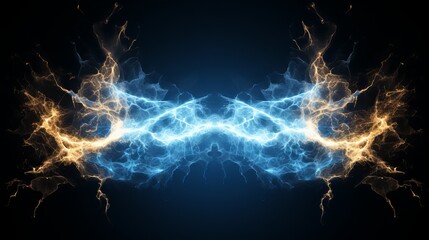 Dynamic blue and gold lightning bolts intertwine on a dark backdrop. Generative AI
