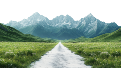 serene landscape featuring winding road surrounded by lush green grass and majestic mountains in background. scene evokes sense of tranquility and natural beauty