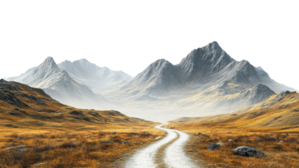 winding dirt road leads through serene mountain landscape, surrounded by majestic peaks and golden grasslands. tranquil scene evokes sense of adventure and exploration