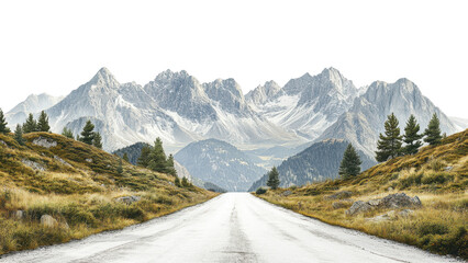 scenic mountain landscape featuring wide, empty road leading towards majestic snow capped peaks. lush greenery and rocky terrain create serene and inviting atmosphere