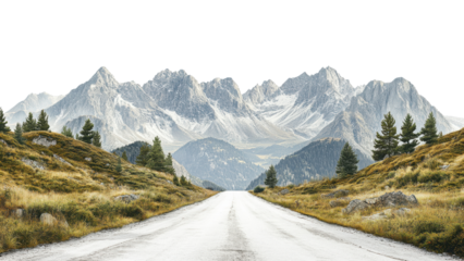 scenic mountain landscape featuring wide, empty road leading towards majestic snow capped peaks. lush greenery and rocky terrain create serene and inviting atmosphere