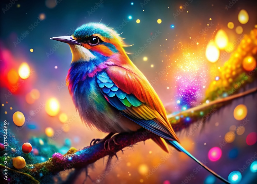 Poster abstract colorful fantasy background featuring a vibrant bird in a dreamy bokeh effect for enchantin