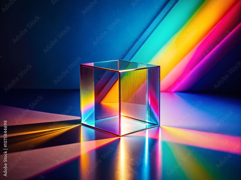 Poster abstract conceptual photography of a rectangular based prism with light reflections and color gradie