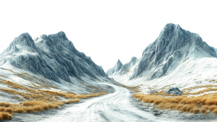 serene winter landscape featuring winding road surrounded by majestic snow covered mountains and patches of golden grass. scene evokes sense of tranquility and adventure