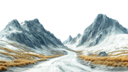 serene winter landscape featuring winding road surrounded by majestic snow covered mountains and patches of golden grass. scene evokes sense of tranquility and adventure
