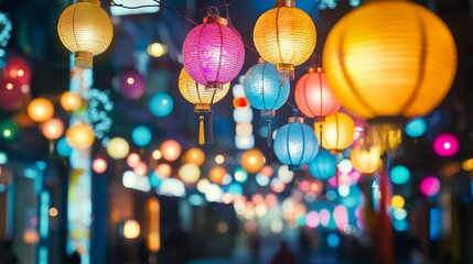 Colorful lanterns illuminate a vibrant street, creating a festive atmosphere at night.