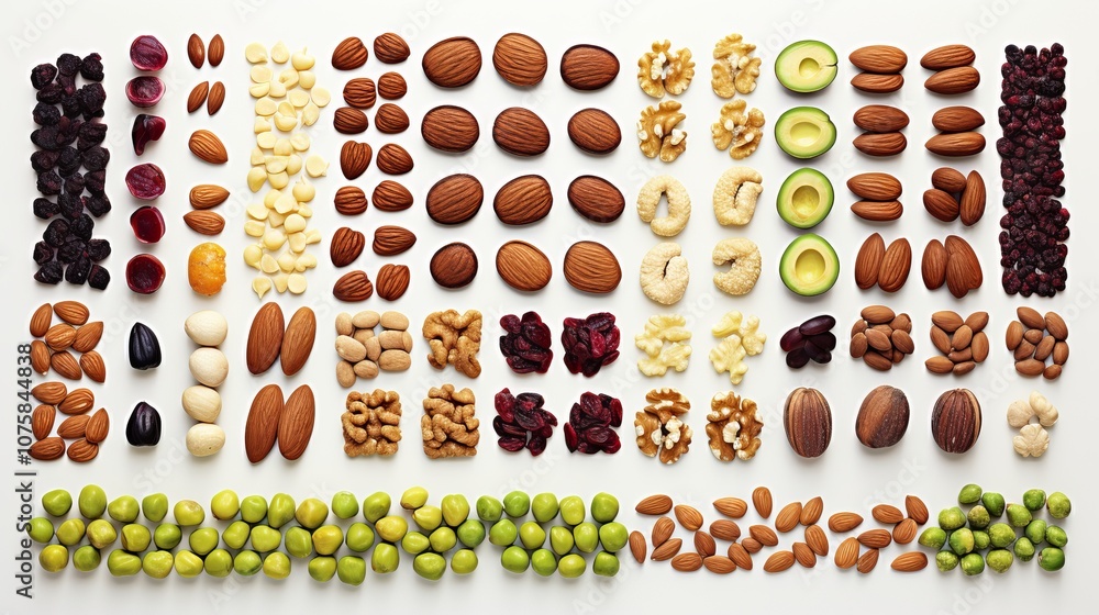 Poster assorted nuts and dried fruits artfully arranged on a white backdrop. generative ai