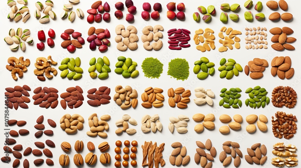 Poster a vibrant display of assorted nuts and seeds arranged in an artistic pattern. generative ai