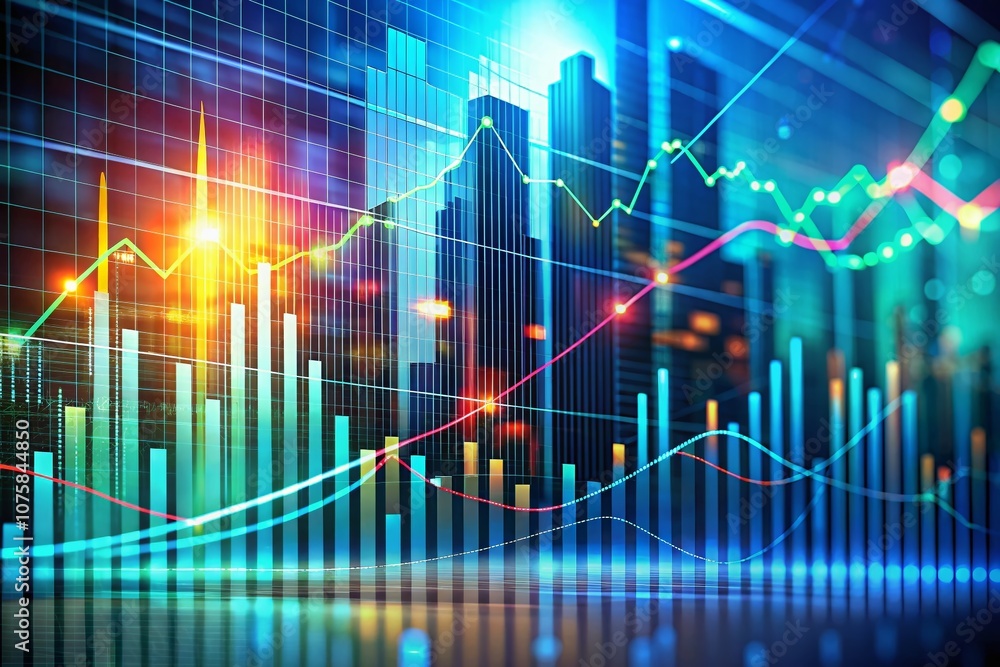 Poster abstract financial graph with linear diagram, histogram and stock market trends in long exposure sty
