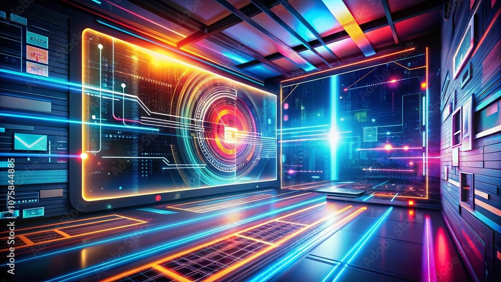 Poster abstract futuristic screen display technology background with dynamic visual elements for modern dig