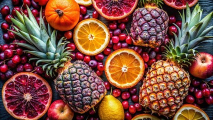 Fototapeta premium Abstract Fruit Poster Series Featuring Pineapple, Pomegranate, Orange, and Grape in Flat Design for Promotional Use and Modern Decor