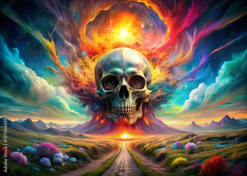 Aufkleber abstract human skull art with exploding paint effect capturing the intersection of life and death in