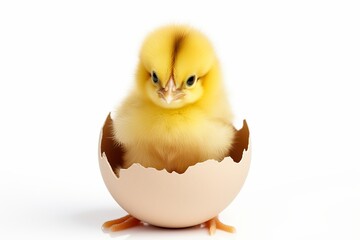 A charming yellow chick emerges from its eggshell in a bright setting. Generative AI