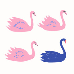 Set of pink and purple swans in minimalistic style. Vector illustration.