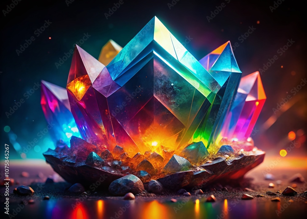 Poster abstract rainbow crystalline structure at night with vibrant colors and copy space for creative uses