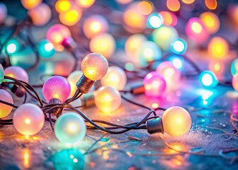Abstract Pastel Christmas Shining Garland with Multicolored Neon Bulbs for a Festive New Year Decorative Element in a Dreamy Holiday Background