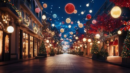 A festive street adorned with colorful lights and decorations for the holiday season.