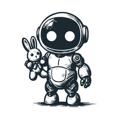 Cute robot holding a rabbit doll. Black white vector illustration.