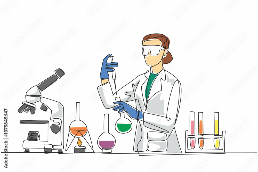 Poster single continuous line drawing a female scientist is conducting experiments in a laboratory. holds a