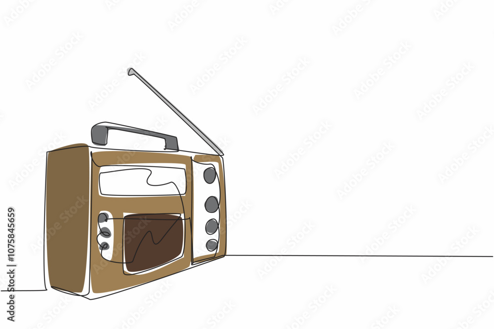 Poster continuous one line drawing a vintage radio with a telescopic antenna sits on a table. the versatili