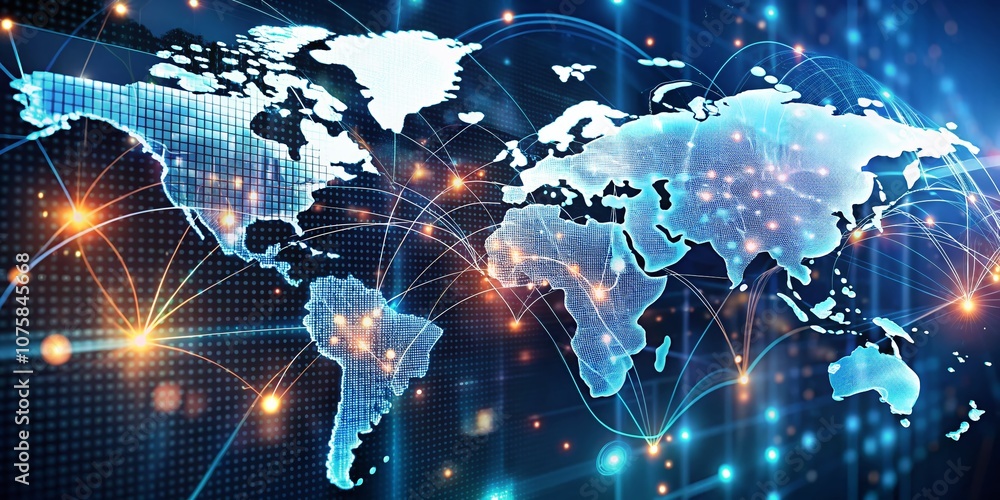 Poster a captivating visualization of a global map showcasing glowing dots that represent interconnected da