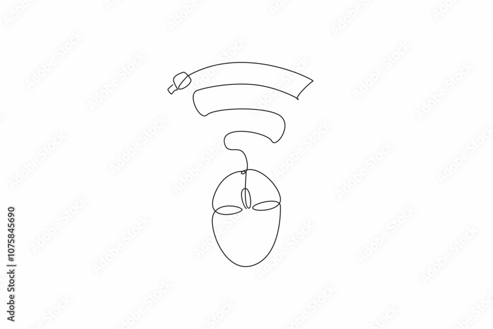 Poster single continuous line drawing a computer mouse connected to a wi-fi signal. the ease of wireless co