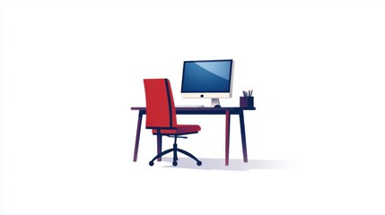 Clean and modern flat vector illustration of a desk and chair setup with