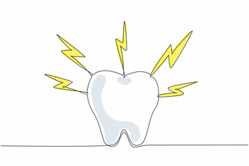 Single one line drawing a tooth is surrounded by lightning bolts. The pain and discomfort associated with toothaches. Dental health. National Toothache Day. Continuous line design graphic illustration