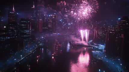 Fototapeta premium Cityscape at night with dazzling New Year's fireworks, the skyline reflecting