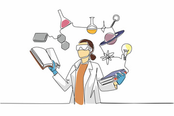Single one line drawing female scientist surrounded by scientific symbols. Symbolizing knowledge. Research. The contributions of women in STEM fields. Continuous line design graphic illustration