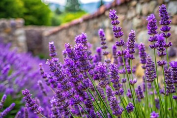 Obraz premium Close-up of purple lavender flowers blooming in a garden surrounded by greenery and stone walls, wildflowers, lavender fields, purple plants