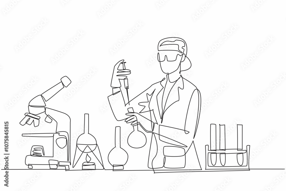 Aufkleber single continuous line drawing a female scientist is conducting experiments in a laboratory. holds a