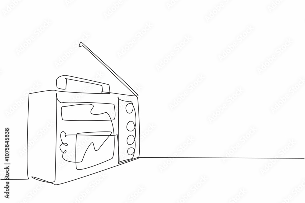 Poster continuous one line drawing a vintage radio with a telescopic antenna sits on a table. the versatili