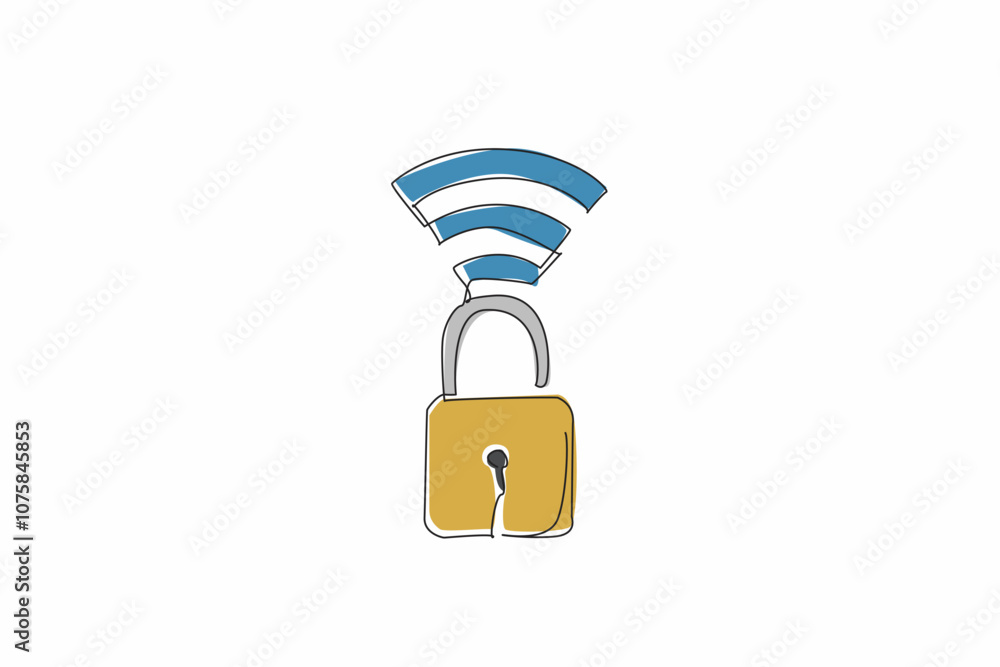 Poster continuous one line drawing a padlock is unlocked with wi-fi signals. the importance of secure wi-fi