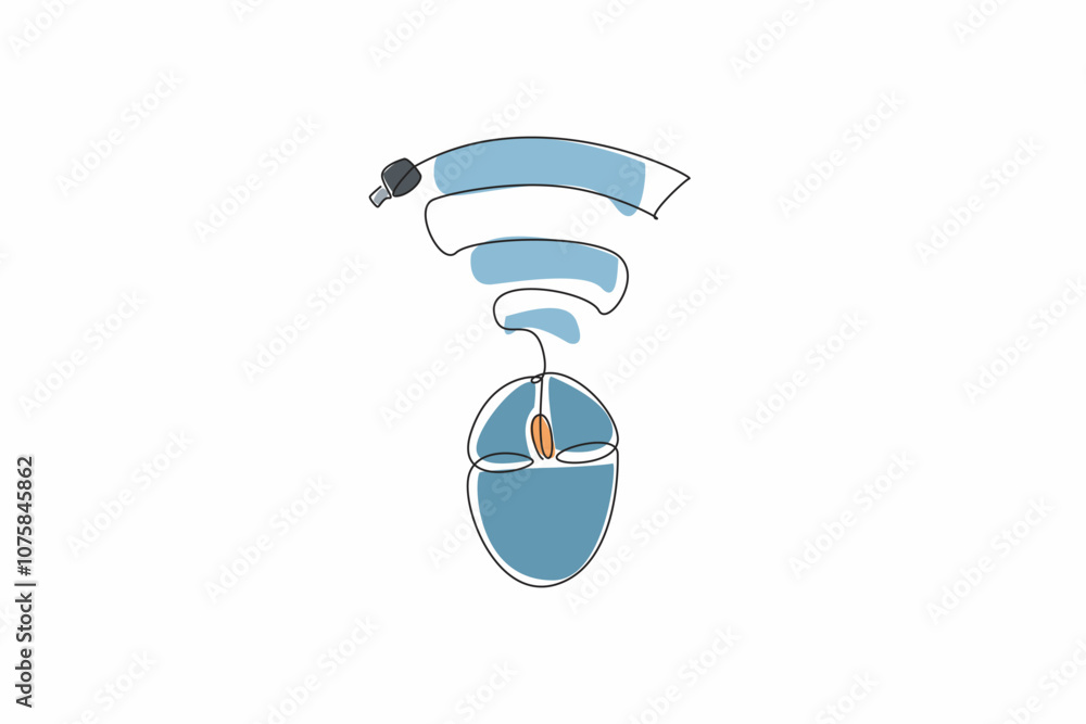 Poster single continuous line drawing a computer mouse connected to a wi-fi signal. the ease of wireless co