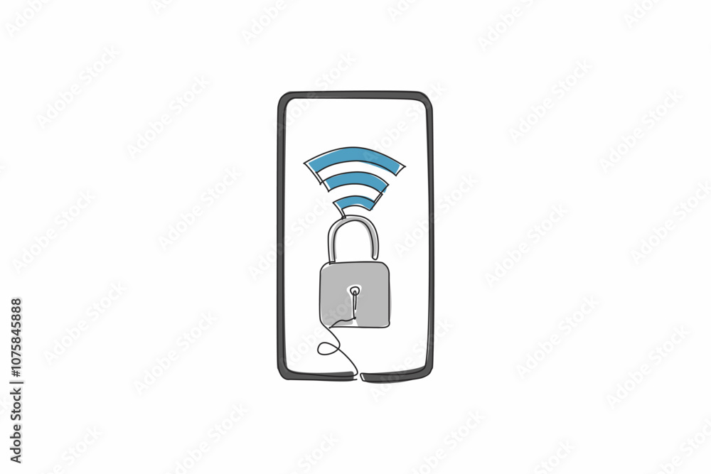 Poster continuous one line drawing a smartphone has a padlock and a wi-fi symbol on its screen. protecting 
