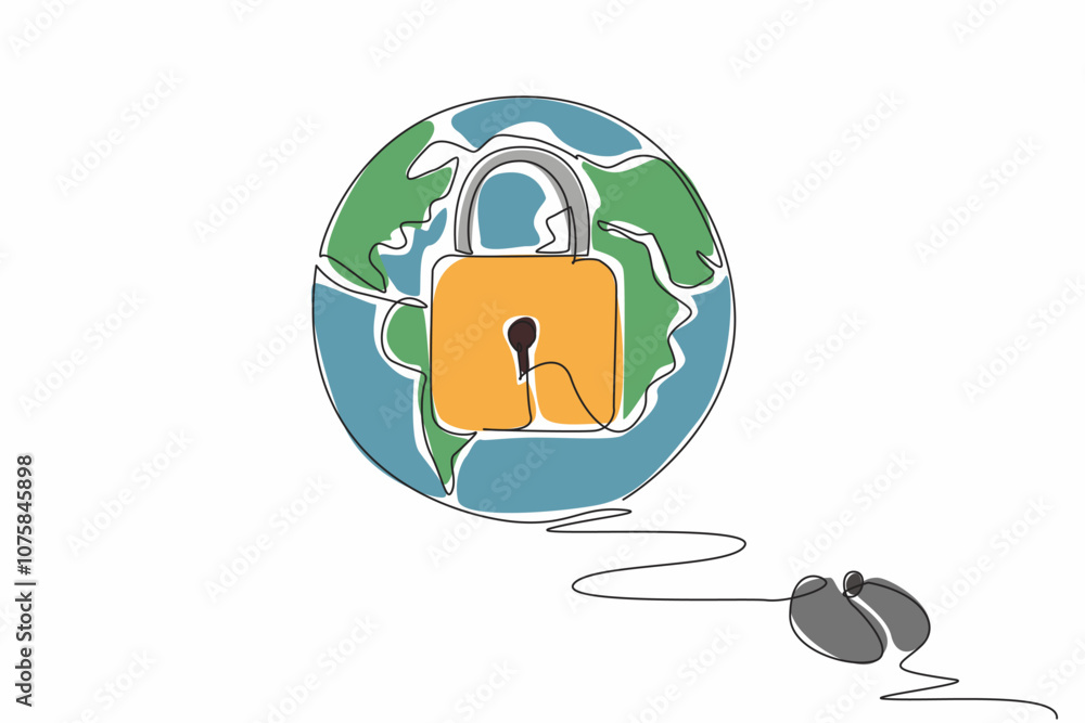 Poster single one line drawing a mouse connected to a globe with a padlock in the middle. global security, 