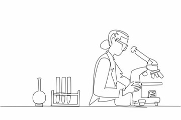 Continuous one line drawing a female scientist intently looking through microscope. Lab equipment surrounds her. Dedication to research and the vital role. Single line draw design vector illustration